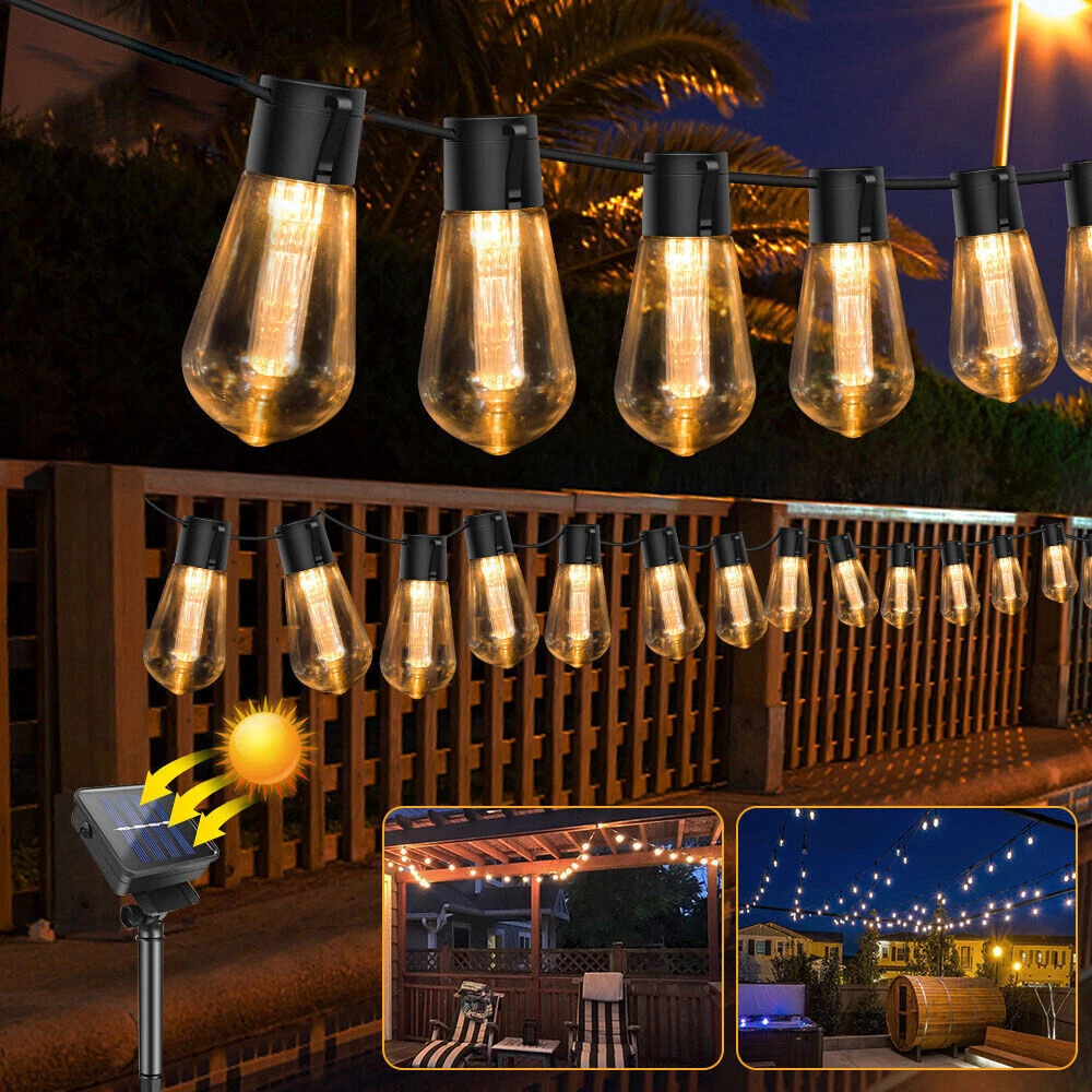 LED Solar Powered Vintage Edison Bulb String Lights Garden Outdoor