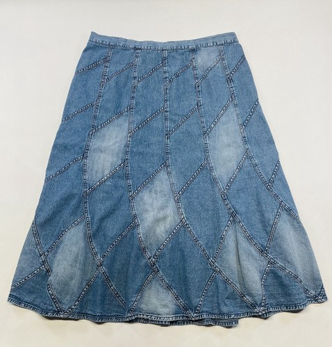 Vintage Patchwork Blue Jean Denim Midi Skirt Sz XL 37” W Boho Hippie Y2K Spring