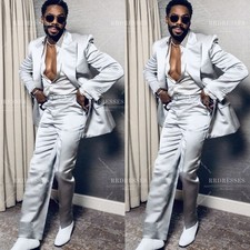 Silk Satin Men's Suit Silvery Party 2Pcs Prom Hosting Desighed Jacket Pants