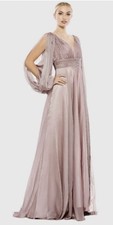 Mac Duggal 67414 Sz 6 Mocha w/Pink Tint Chiffon Gown Cutaway Sleeve Beaded Cuff