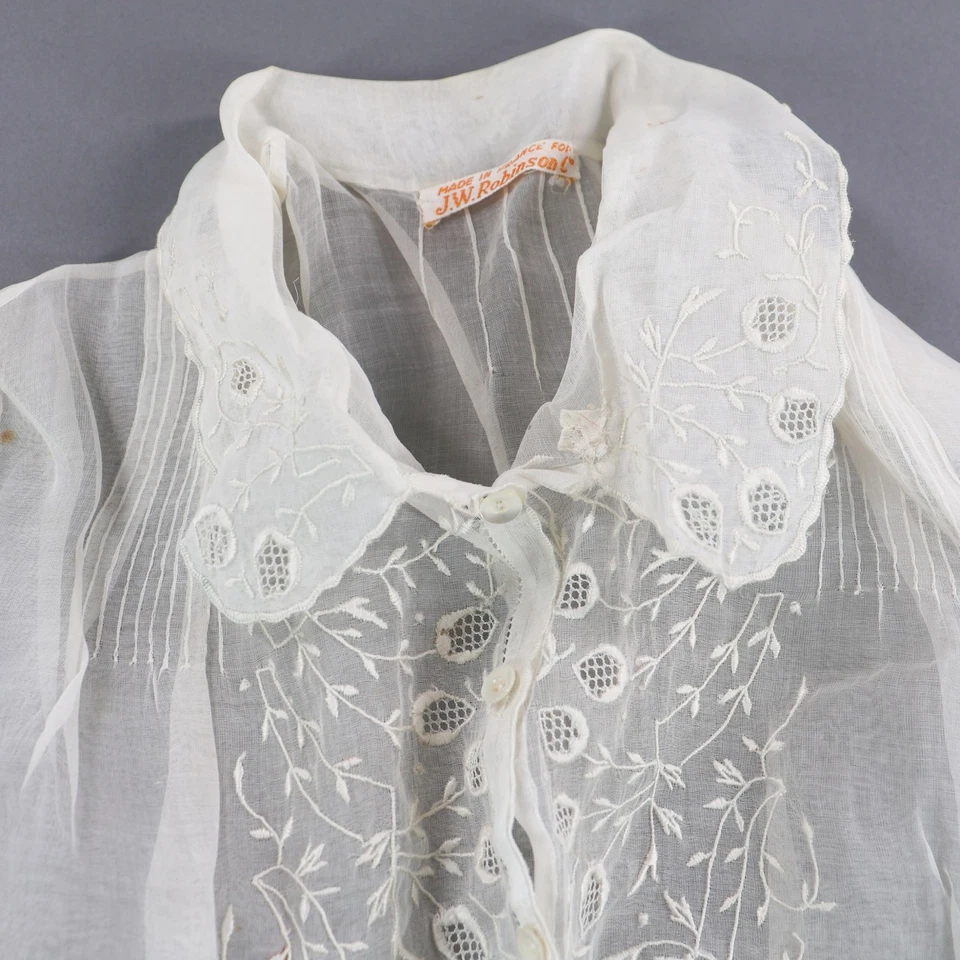 Blusa Top De Colección Blanca Organdí Bordada Encaje Transparente Corpiño Años 40 Mangas Largas Foto 3 de 4