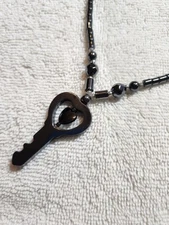 Hematite Bead Necklace 17 1/2" Key Pendant 2" Barrell Clasp Love Key to My Heart