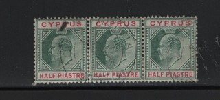 CYPRUS 1900s AKHNA RURAL POSTMARK ON STRIP OF 3 KED STAMPS