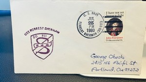 1980 ship cancel  & cachet of USS Forrest Sherman DD 931, a destroyer