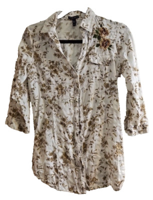 F.A.N.G Womens button Tan/White Shirt With Roses Sz L Cottagecore Romantic