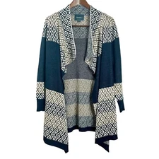 Love Makers Womens Sweater Blue Geo Dusky Yellow Open Front Midi Cardigan Size M