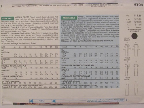 OOP BUTTERICK 6794 Misses Fitted Tapered Dress PATTERN 6-8-10/12-14-16/18-20-22 - Picture 3 of 3