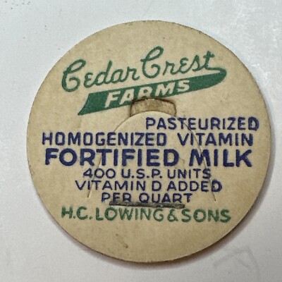 Milk Bottle Cap Dairy Cedar Crest Farms HC Lowing Sons JENSION MICHIGAN MICH MI