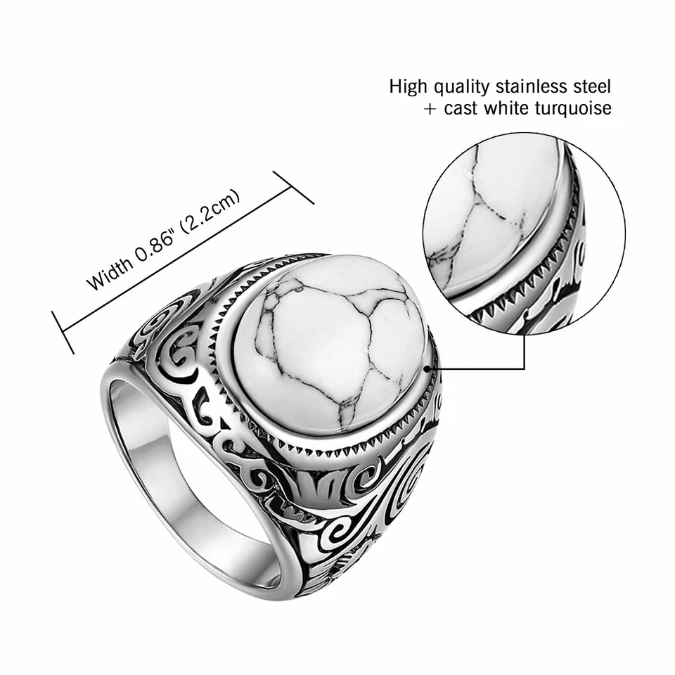 Anillo de compromiso de boda de acero inoxidable de piedra de pino blanco para hombre plateado 7-14 Foto 4 de 4