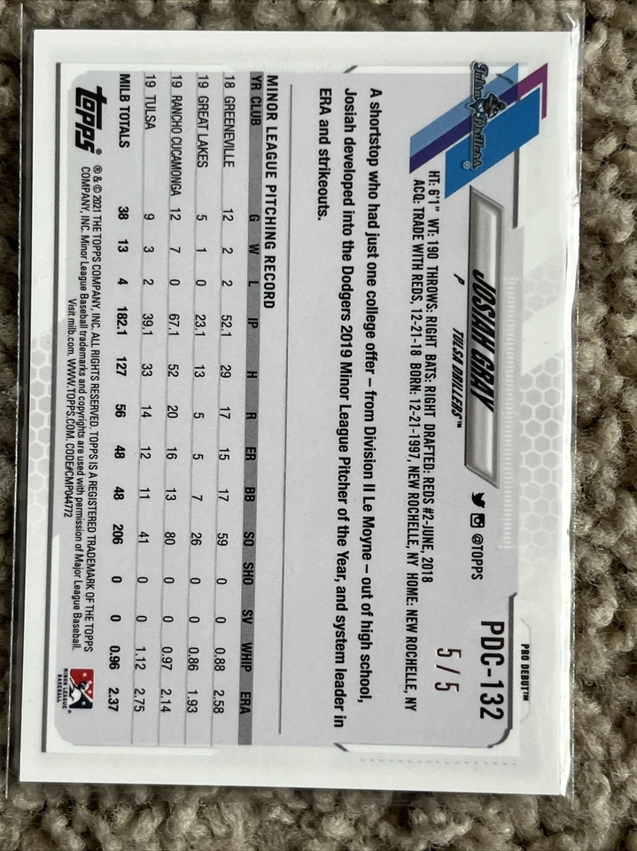 2021 Topps Pro Debut Chrome Red Refractor 5/5!! Josiah Gray #PDC-132 - Image 2 of 2