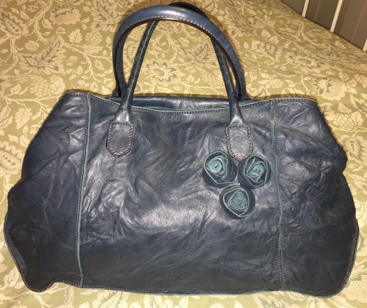 FALORNI Italia Le Borse Blue Teal Ripple Rose Bud Handbag Purse  