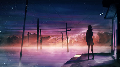 Anime girls banishment sky clouds utility pole Playmat Game Mat Desk