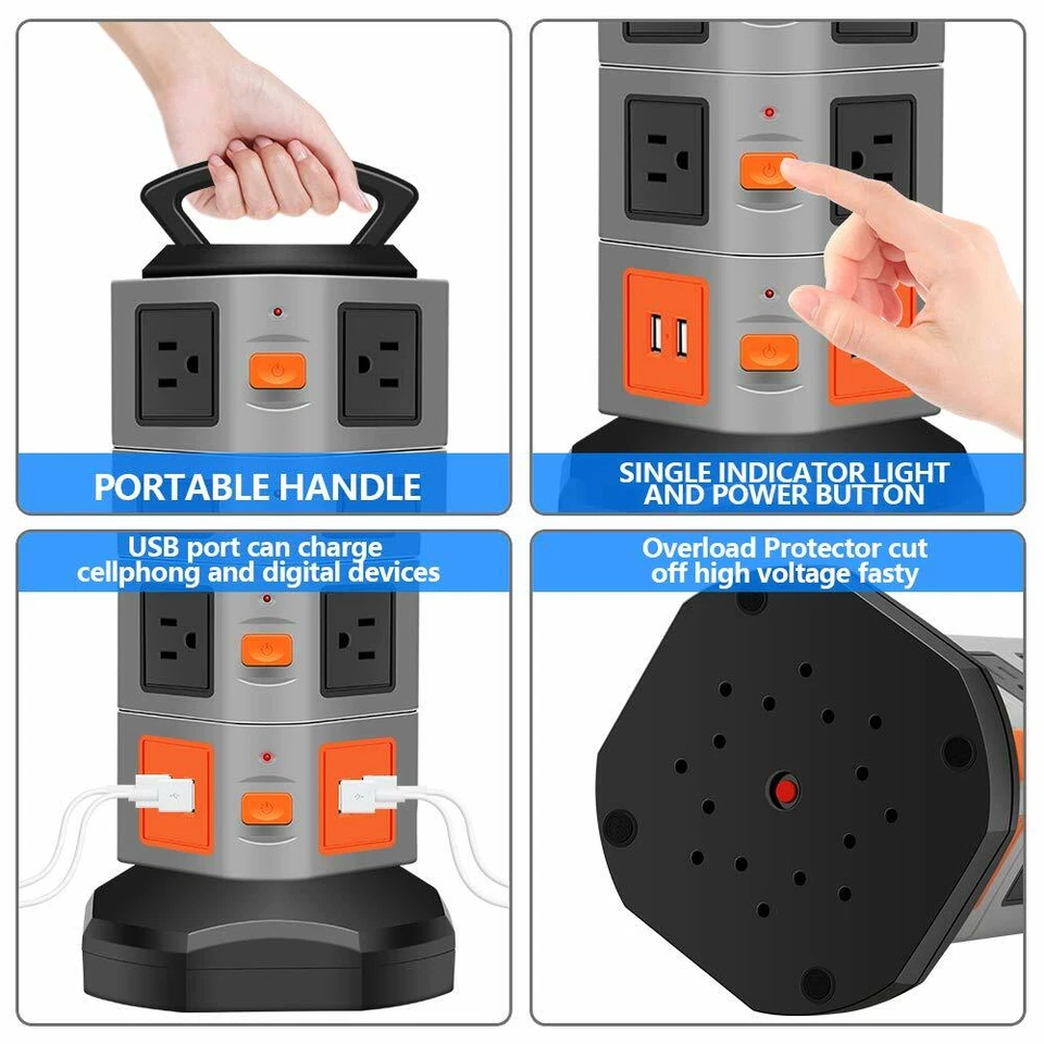Power Strip Tower 10 Outlets 4 USB Ports Surge Overload Protector with 6FT Cord - Image 4 of 4