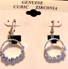Silver Toned Earrings Circle Drop Dangle w/ Cubic Zirconia