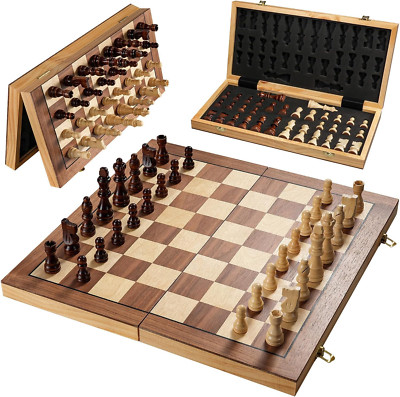 Magnetic Wooden Chess Board Set, 15'' Folding Boards, Pieces Storage Slots