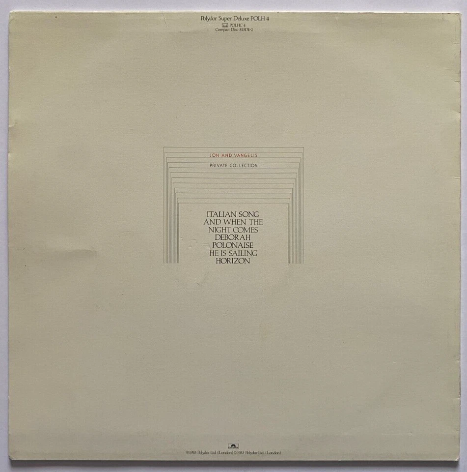 Jon & Vangelis Private Collection Vinyl Record Horizon Italian Song Deborah Foto 2 de 4