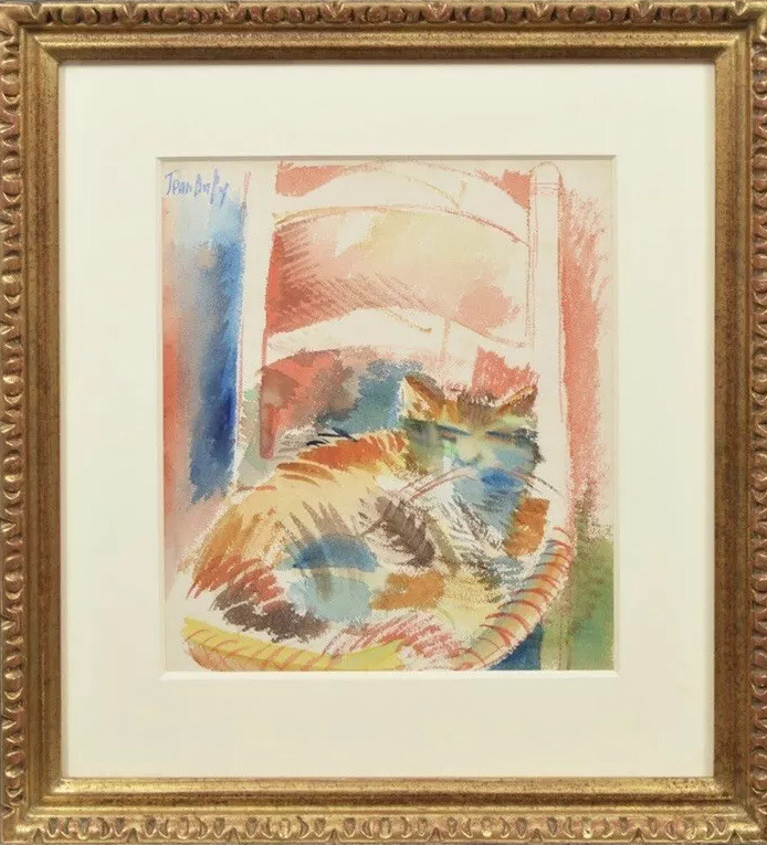 Jean Dufy Original Watercolor Cat On A Chair on Paper in Gilt Frame