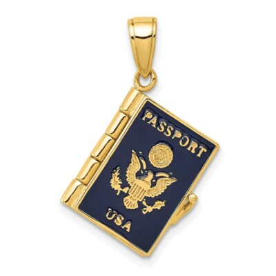 14k Gelbgold Emaille 3-D Reisepass öffnet Charm Anhänger 1 Zoll