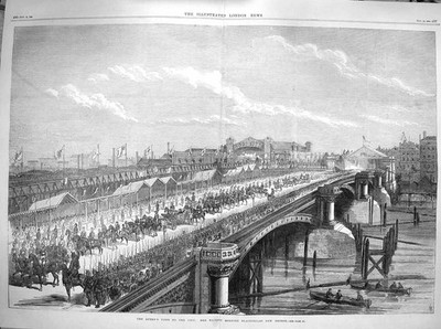 Original alter antiker Druck 1869 Queen Opening Blackfriars New Bridge River 19th