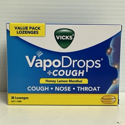 Vicks VapoDrops + Cough Nose Throat Honey Lemon Menthol 36 Lozenges Lollies Cold