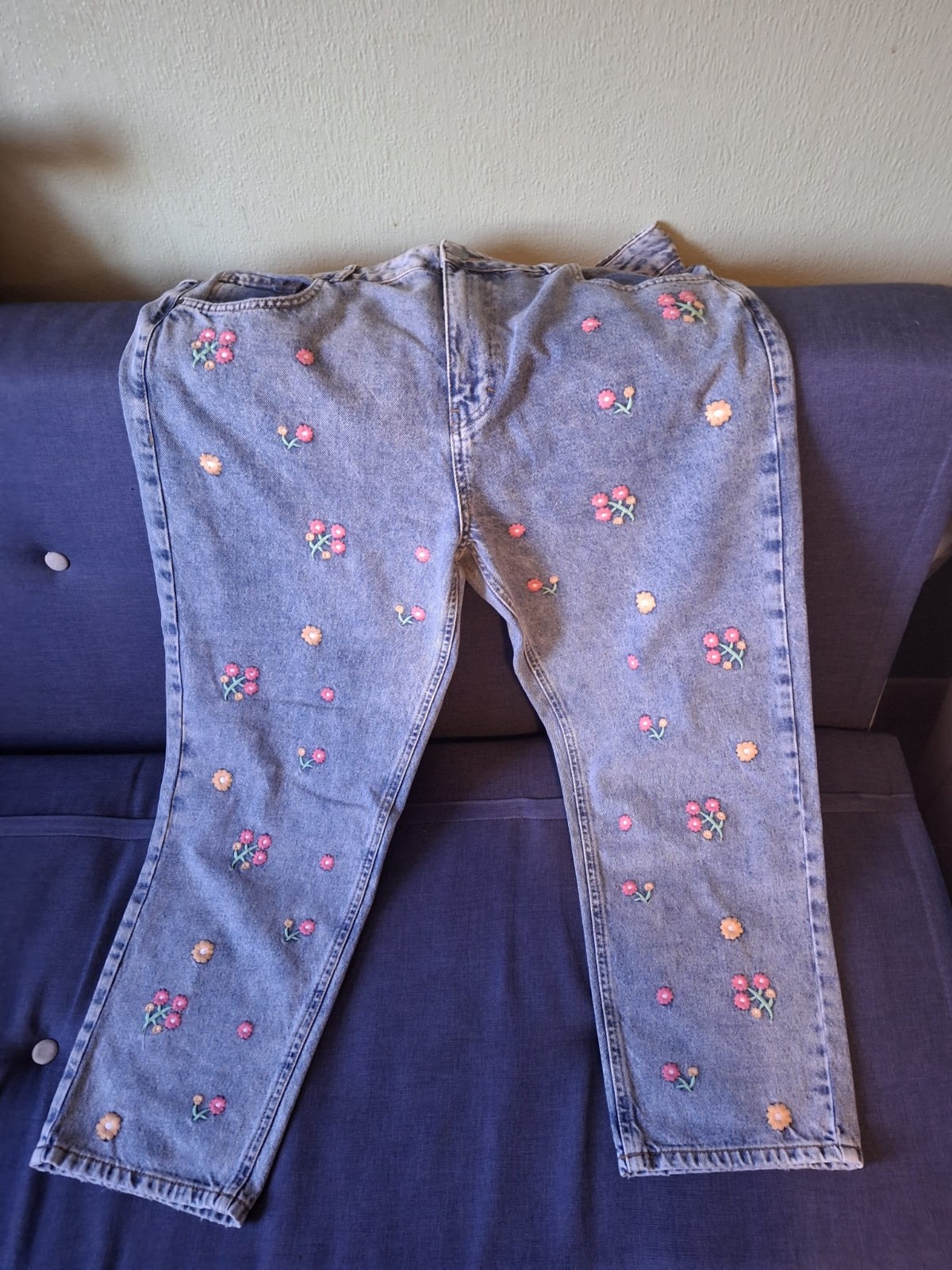 Women's M Slim Fit Blue Floral Embroidered Jeans by Pep & Co