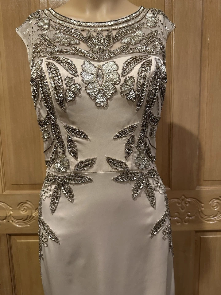 Sue Wong 夜曲礼服女式 12 红色丝绸无袖串珠 V 领蕾丝连衣裙 — 第 3/4 张图片