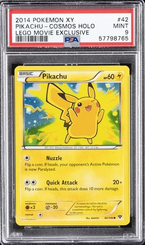 2014 POKEMON XY LEGO MOVIE EXCLUSIVE #42 PIKACHU-COSMOS HOLO PSA 9