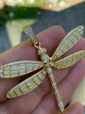 2.20Ct Round Cut Real Moissanite Dragonfly Men's Pendant 14k Yellow Gold Plated