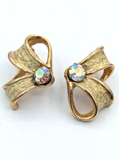 Vintage KRAMER Earrings Clip Ons Gold Tone Bow AB Rhinestone