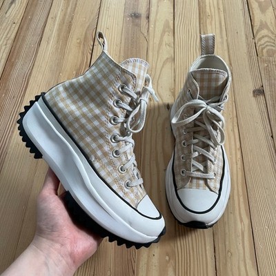 Converse Run Star Hike Hi Tan White Gingham Platform Sneakers A05999C Womens 6.5
