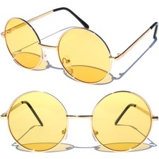 Yellow Lens Round Sunglasses Gold Color Metal FrameHippie Driving Lens