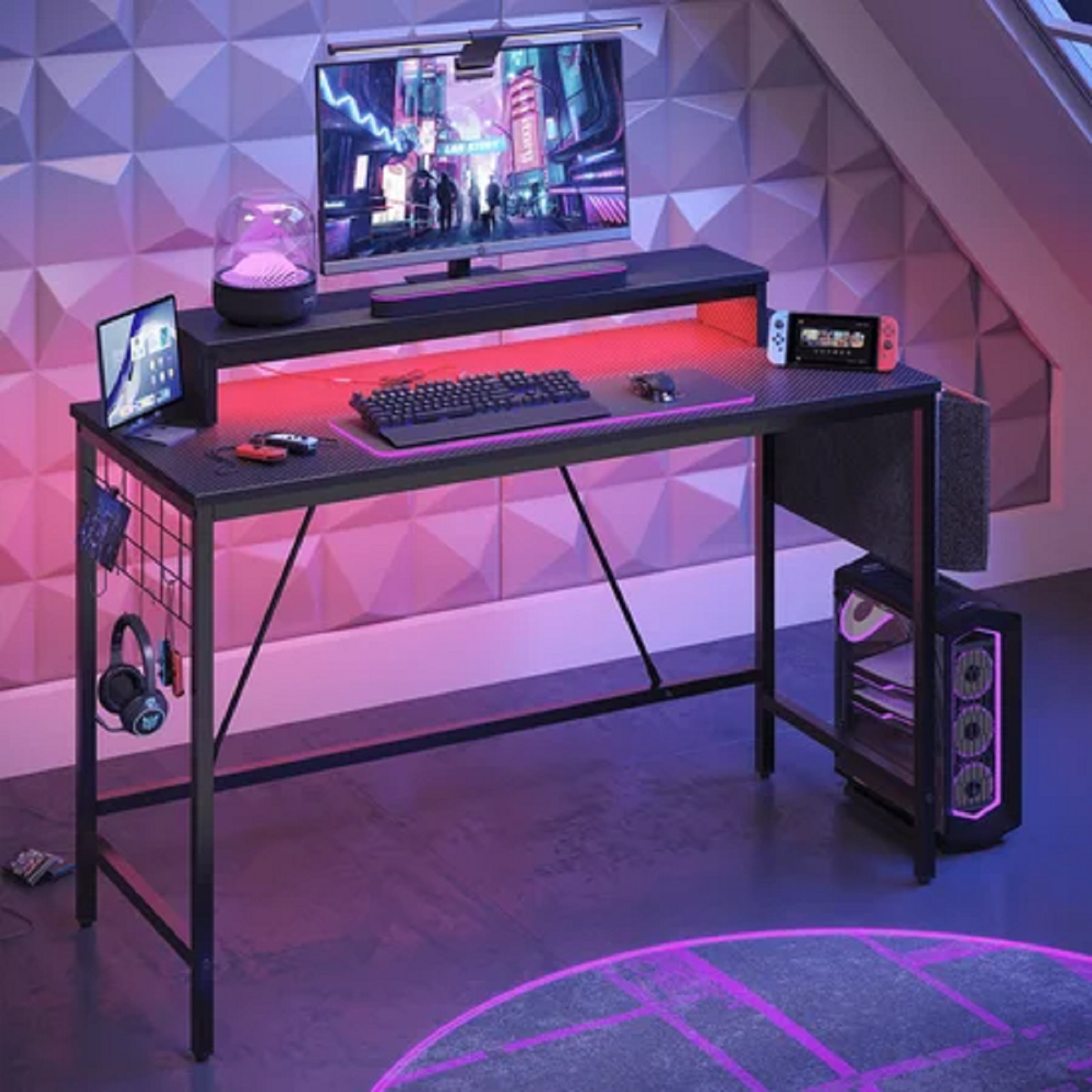 Bestier 669803804 41.7 inch Gaming Desk with LED Monitor Stand, Storage Pocket