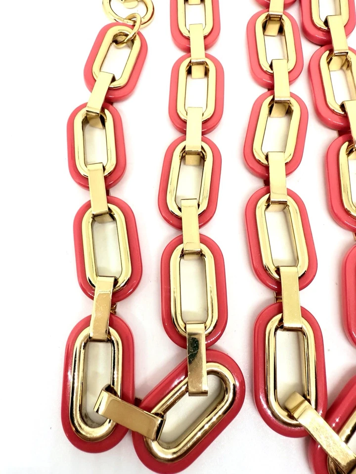 Cinturón grueso TORY BURCH coral lucite eslabones tono dorado/chapado 38 pulgadas logotipo colgante Foto 4 de 4