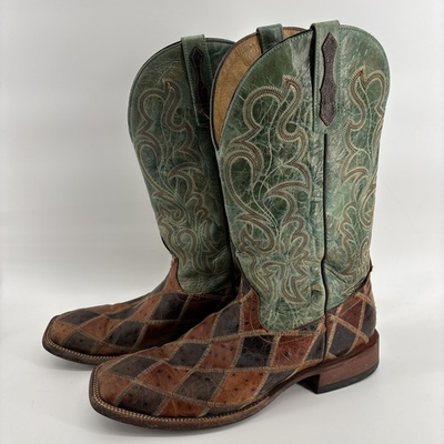 #ad #ad Horse Power Ostrich Cowboy Boots Men#x27;s 12 D Teal HP1075 Patchwork Square Toe $125.00