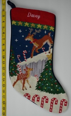 LANDS END Reindeer Wool Needlepoint Christmas Stocking Monogrammed DAVEY