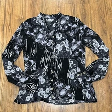 Citron Santa Monica Blouse Womens Medium Silk Black Gray Floral Button Shirt Top