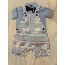 Nautica Baby Boys Blue Striped Overalls Shirt Bow Tie Outfit 12M NWOT