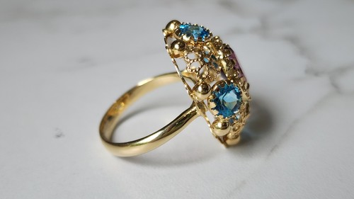 18k Arte d'Oro Amethyst Blue Topaz Diamond Filigree Ring - Picture 7 of 10