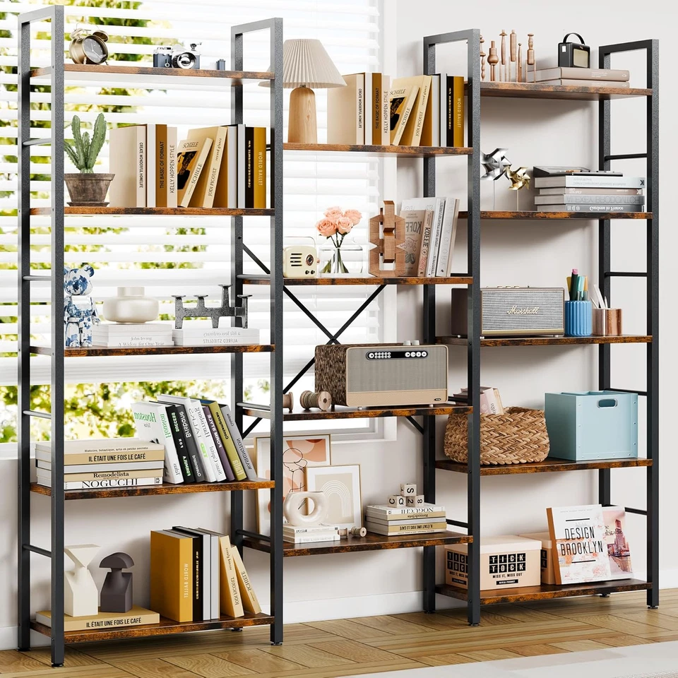 Triple Column 5 Tier Bookshelf, Industrial Large Bookcase with 14 Open Display S - Image 3 of 4