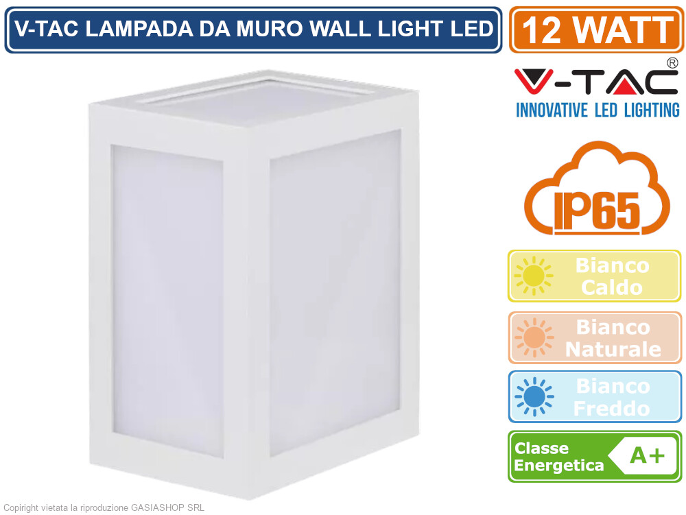V-TAC VT-822 LAMPADA DA MURO DA ESTERNO GIARDINO LED 12W COLORE BIANCO IP65