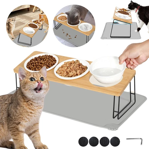 Triple Cat Bowl Pet Bowls Stand Dog Elevated Feeder Food Water Raised Lifted/UK - Picture 1 of 9
