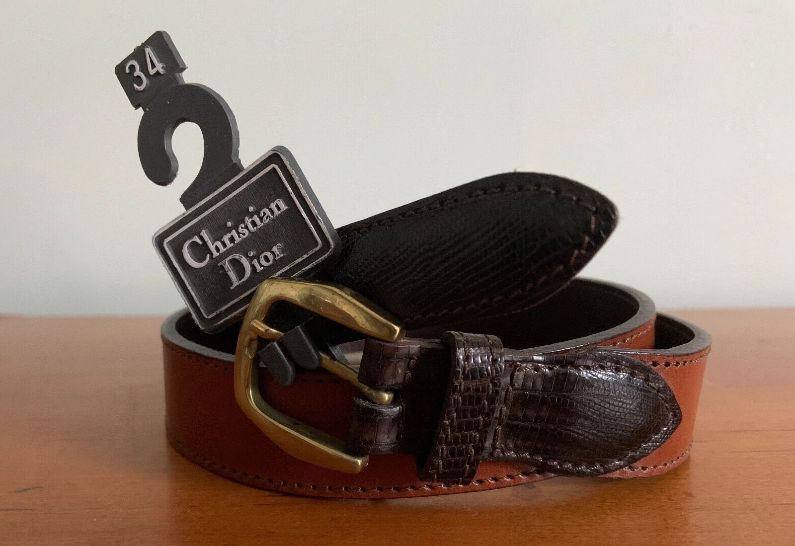 Ceinture Christian Dior bicolore, marron moyen et foncé, cuir et lézard, taille 34