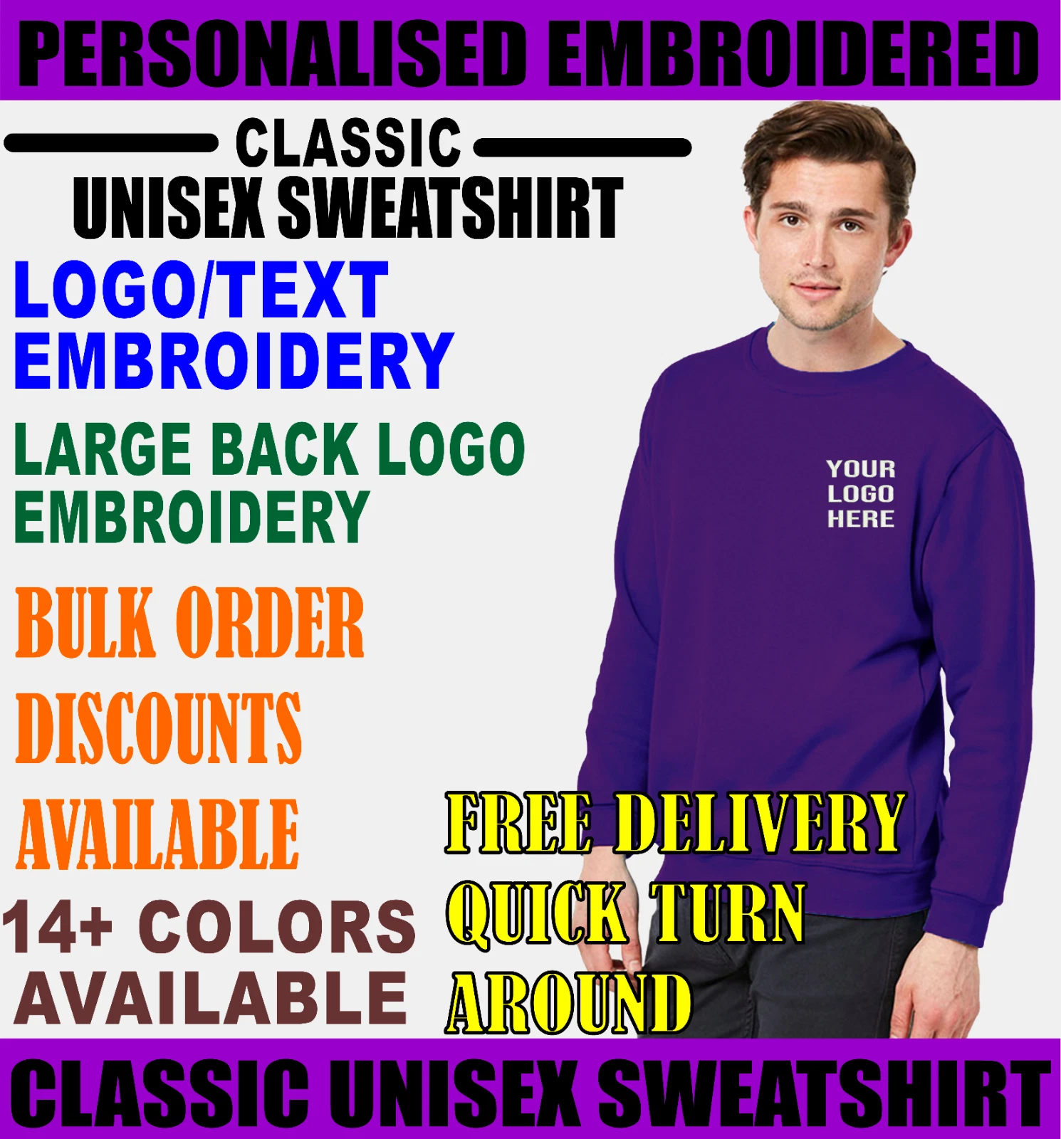 Personalised Embroidered Logo Uneek UC203 Classic Unisex Sweatshirt