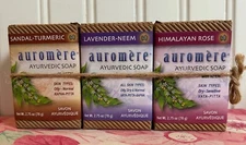 (3) AUROMERE AYURVEDIC with NEEM BATH BAR SOAP SANDAL - LAVENDER - ROSE VARIETY