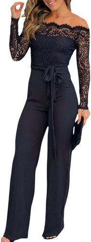 CHICME Womens Dressy Jumpsuits Casual One Piece Outfits off Shoulder Lace Trim O - Imagen 12 de 12