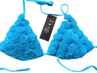 A166 BIKI USA Women Cyan 3D Floral Halter Triangle Navy Bikini 2