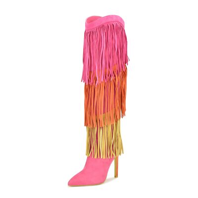 Nine West Tasels Pink Multi Pointy Toe Stiletto Heel Fringe Trim Knee High  Boots - Main Image