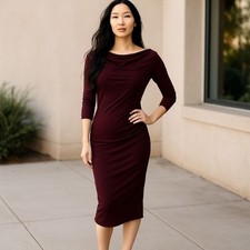 Victoria's Secret Burgundy Dress XS Cowl Neck Ruched Bodycon Midi 3/4 Sleeve