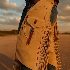 Handmade Western Suede Leather Chaps   Cowboy Rodeo Horse Riding Fringe Pants