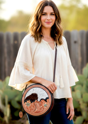 NWT Myra Bag MultiColor Floral Hand Tooled Hairon Leather Round Bag Western Boho